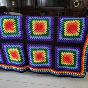Vintage Colorful Crochet Blanket with Geometric Pattern Size 6X5 feet